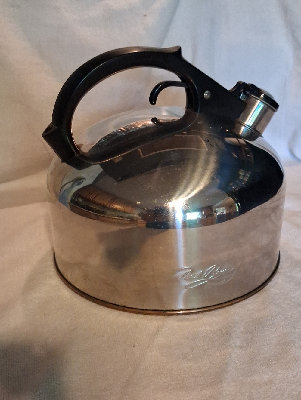 Stainless Steel Tea Kettle with Black Handle 3.5 Quart Copper Bottom Revere Ware